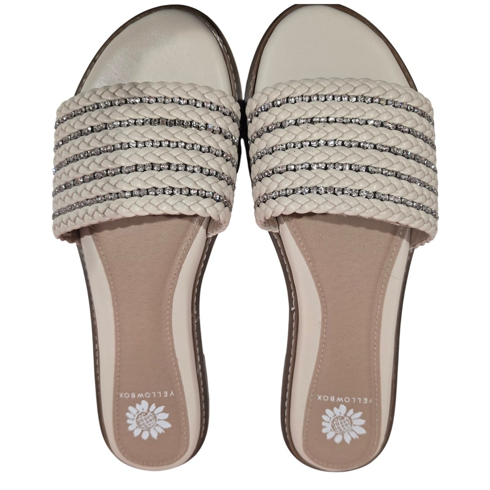 NWOB Yellow Box Cream‎ Braided Rhinestone Slide Sandals Flats Cream Tan Size 8.5